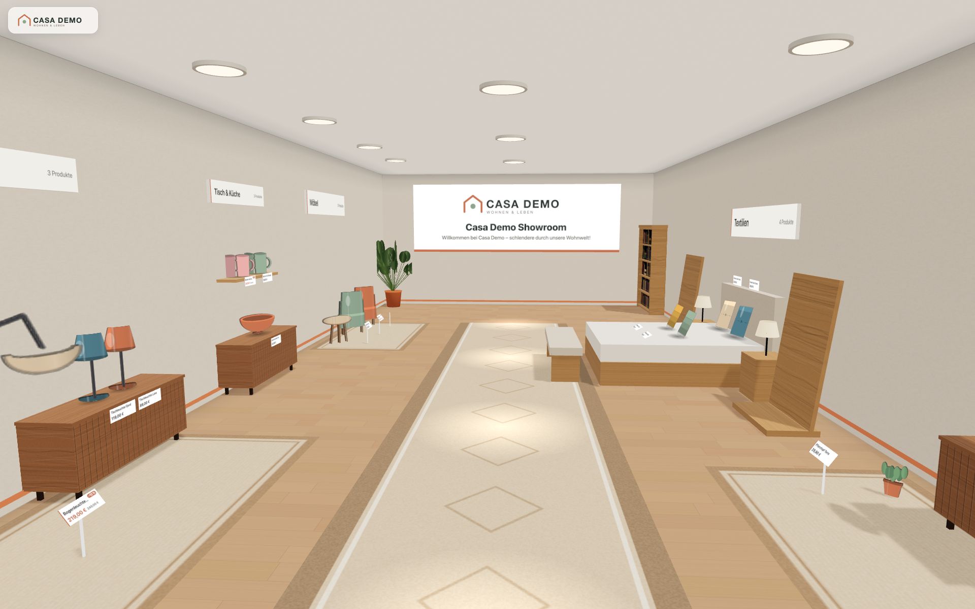 Ein Flanier-Showroom im Bereich Leuchten: drei Produktstelen mit Leuchten und Preisen, unten die Navigation zwischen den Bereichen
